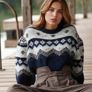 SEA NY Fair Isle Shirred-Sleeves Intarsia Crewneck Sweater